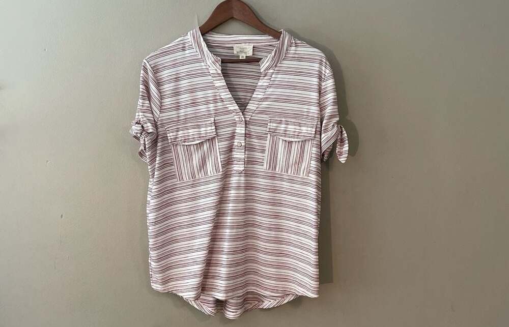 Flower & Feather Striped Henley Top with Tie Sleeves